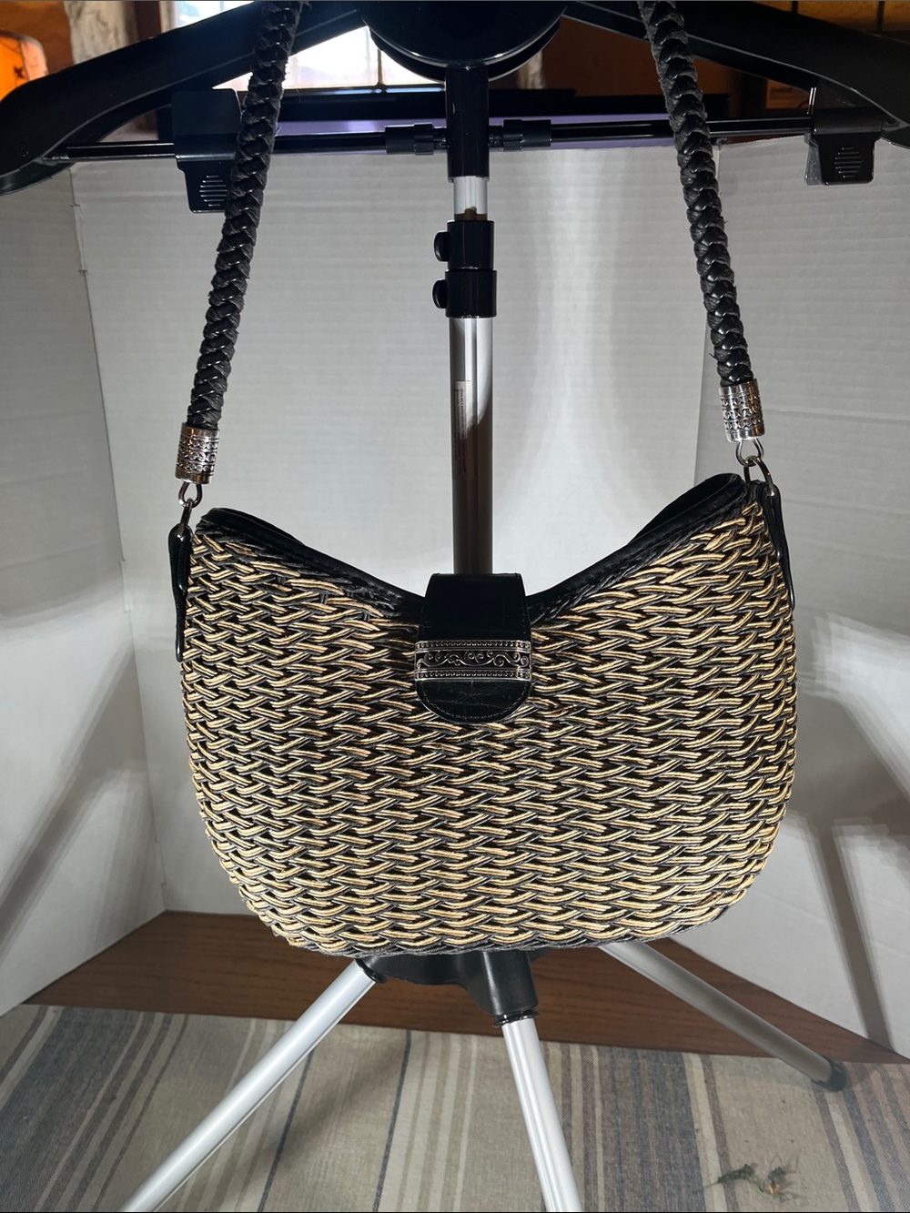 Woven Two-Tone Shoulder Bag with Braided Strap